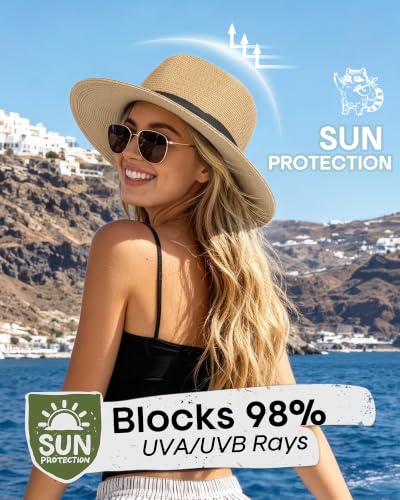 FURTALK Womens Mens Wide Brim Straw Panama Hat Fedora Summer Beach Sun Hat - color: Khaki, size: Medium-Large