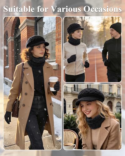 Loritta 3 in 1 Womens Winter Hat Gloves Scarf Set, Warm Hat Mittens - color: A-black