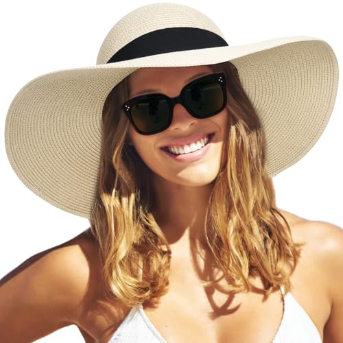 FURTALK Womens Sun Straw Hat Wide Brim Floppy Summer Beach Hats for Women - color: Beige, size: Medium-Large