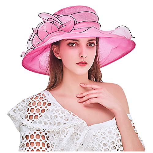 Haoohu Women's Church Derby Hat Wide Brim Bow Bucket Hat Wedding Dress Hat Fascinator Bridal Tea Party Hat - color: Rose Red 03161