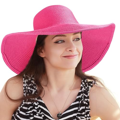 Women's Wide Brim Sun Hat - UV Protection Floppy Straw Sunhat Summer 7 1/4 - color: Rose Red, Size 58cm, for 22 - 22 7/8" ( 7, 7 1/8, 7 1/4 )