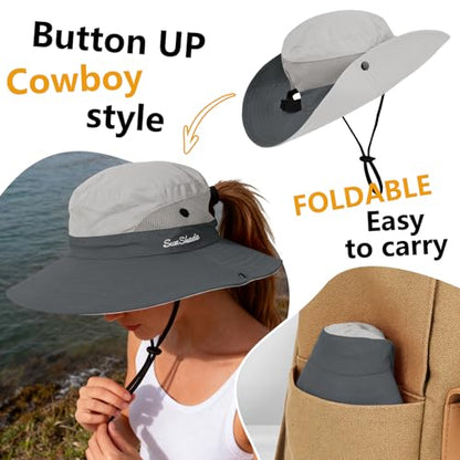 ZOORON Women's Ponytail Safari Sun Hat,Wide Brim UV Protection Bucket Hat - color: 1- Light Grey
