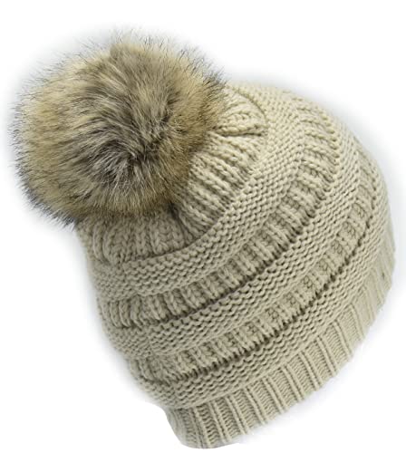 C.C Trendy Fuzzy Fleece Lined Warm Comfortable Soft Stretch Cable Knit Ribbed Faux Fur Pom Pom Beanie Hat - color: Beige