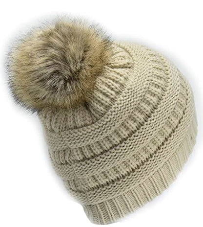 C.C Trendy Fuzzy Fleece Lined Warm Comfortable Soft Stretch Cable Knit Ribbed Faux Fur Pom Pom Beanie Hat - color: Beige