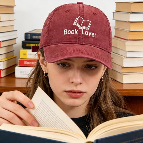 Embroidered Book Lover Baseball Cap for Men Women, Funny Washed Cotton Classic Dad Hat, Reading Lover Gift Idea - color: Book Lover, Wine Red