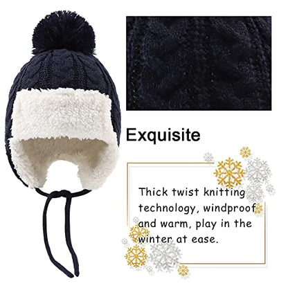 Peecabe Winter Kids Beanie Hat Baby Knitted Hats Fleece Earflap Toddler Cap - color: Navy, size: 6-24 Months