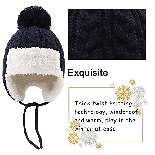 Peecabe Winter Kids Beanie Hat Baby Knitted Hats Fleece Earflap Toddler Cap - color: Navy, size: 6-24 Months