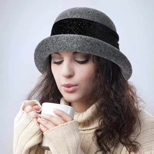 Women Vintage Cloche Bucket Hat Elegant 1920s Wool Fedora Church Derby Party Winter Packable Hats - color: Grey