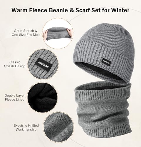 Wmcaps Fleece Lined Beanie Scarf Set, Warm Knit Hat for Men Women - color: Grey
