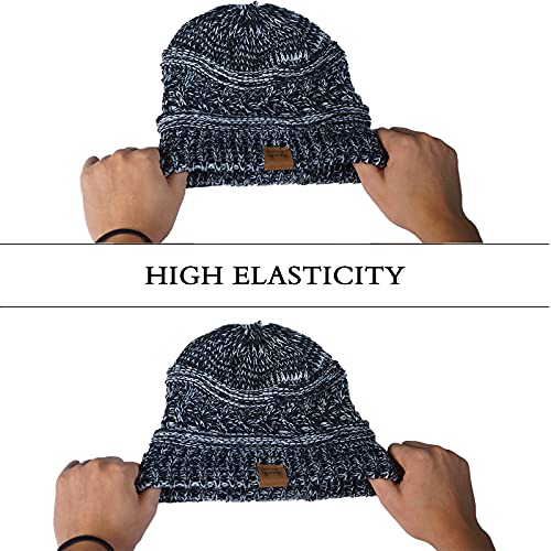 Rosoz 2 Pack Ponytail Beanie for Women,Winter Warm Beanie Tail Soft Stretch Cable Knit Messy High Bun Hat - color: 1pack-black&white Mix