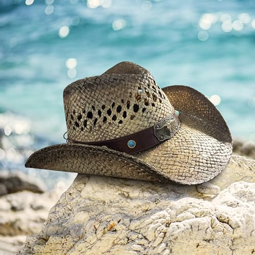 FLUFFY SENSE. Cowgirl Hats for Women Straw Cowboy Hat Western Beach Sun Hat with Shapeable Brim for Coastal Cowgirl - color: Faded Ash Brown