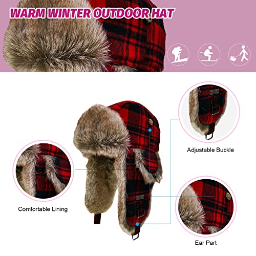 Fur Winter Trapper Hat,Wool Faux Fur Aviator Ski Trapper Trooper Pilot Snow Eskimo Hat with Ear Flaps for Men & Women - color: Red, size: Large-X-Large