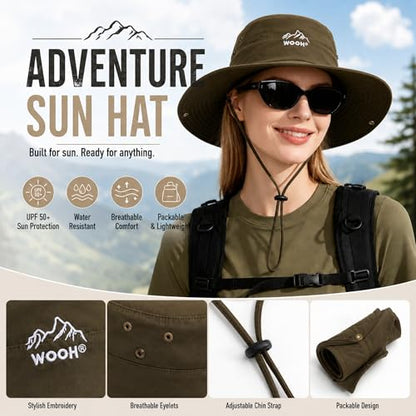 WOOH Sun Hats for Women,UPF80+ Wide Brim Foldable Bucket Hat with Adjustable Chin Strap,Summer Hat for Beach Hiking Gardening - color: Army Green
