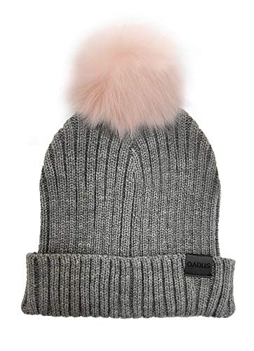 Women's Slouchy Winter Beanie Hat with Removable Faux Fur Pom - color: Light Grey/Light Pink Pom