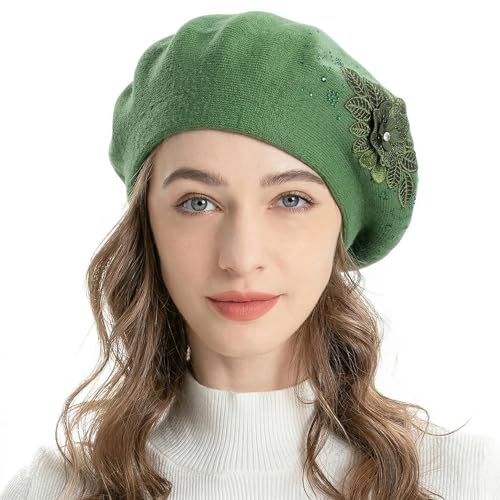 ZLYC Women French Beret Hat Reversible Solid Color Mosaic Warm Artist Cap - color: Flower Green