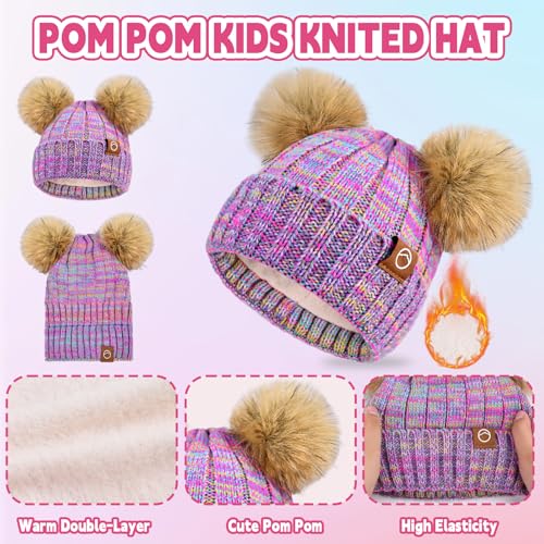 Kids Winter Hat Gloves Scarf Set Girls, Children Beanies Hats with Pom Pom - color: Rainbow Mix