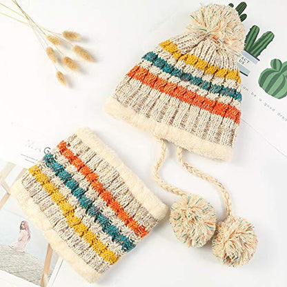 HUAMULAN Women Winter Knit Beanie Hat Circle Scarf Set Pompoms Ear Flaps - color: Beige
