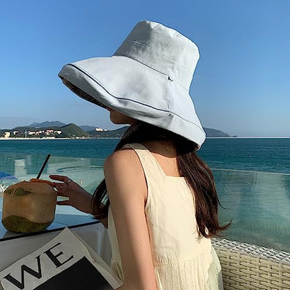HUAMULAN Women Summer Vacation Wide Brim Sun Hat Reversible Fishing Hats - color: Blue