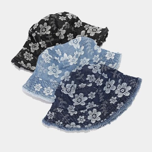 Quanhaigou Frayed Unisex Sun Hats, Fashion Beach Bucket Hat for Men Women,Summer Outdoor Boy's Girls Boonie Cap - color: Denim Floral D.blue