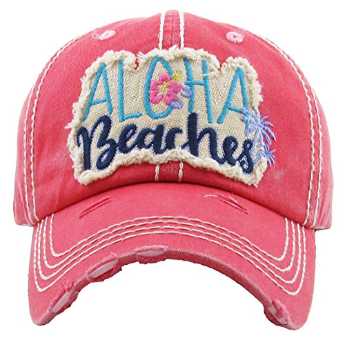 Funky Junque Distressed Baseball Cap, Vintage Embroidered Dad Hat - color: Aloha Beaches - Coral