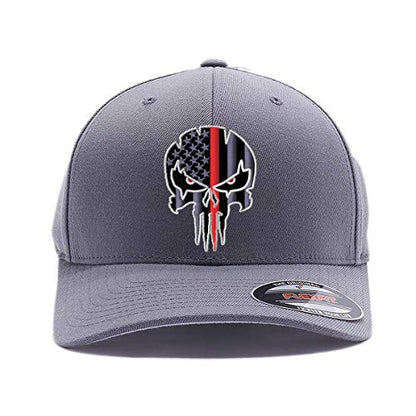 G&B Red Thin Red/Blue Line Spartan Helmet & Distressed Skull Flex Baseball Cap. Embroidered. 6277/6477 Flex Baseball Hat - color: Grey 2, size: Large-X-Large