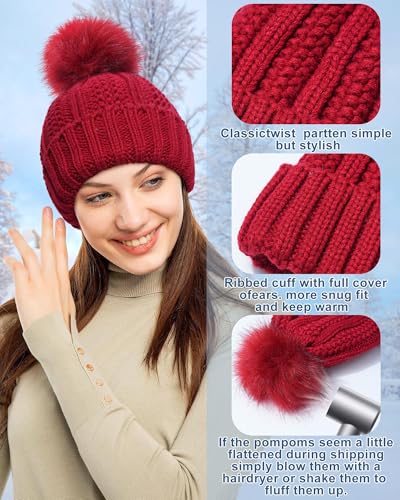 Womens Winter Beanie Hat, Satin Lined Women Hat Faux Fur Pom Pom Beanies Women Warm Knit Hats Warm Cap - color: Red
