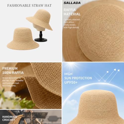 Natural Raffia Straw Bucket Hat for Women Sun Beach Handmade Raffia Woven Bucket Hat Foldable Summer Cap - color: Natural Raffia(brim3.9")