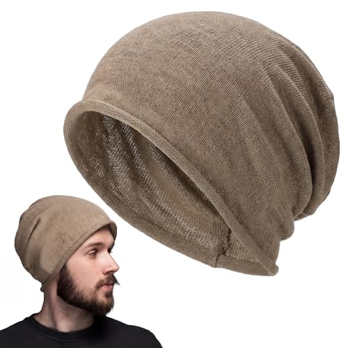 Cuffbow 100% Linen Beanie Summer Cooling Beanie for Men Women Slouchy Lightweight Hat Baggy Breathable Slouch Cap - color: Mocha