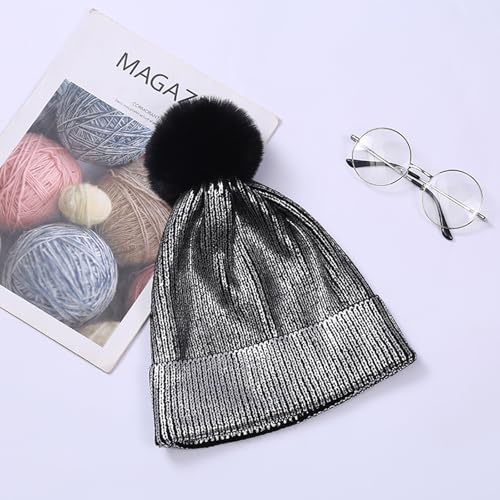 Metallic Winter Cable Knit Beanie Hat Cap Warm Soft Skull Caps with Furry Fur Pom Pom - color: Silver