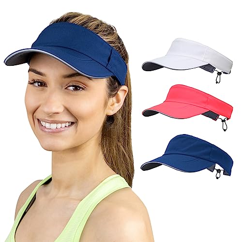 TrailHeads Women's Performance Sun Visor Hat for Running, Golf & Sports - color: White-navy-bright Coral