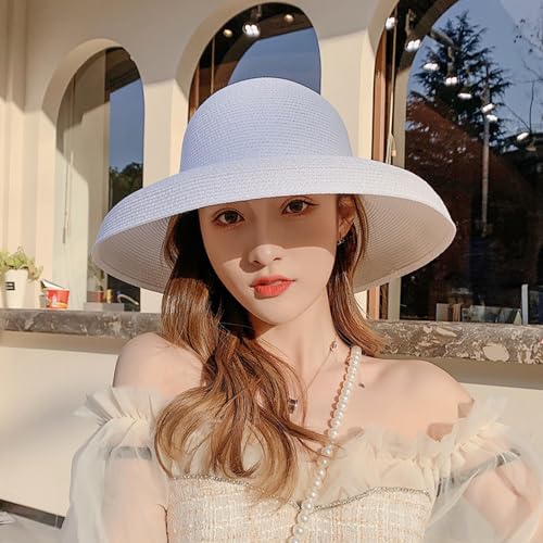 Women's Floppy Wide Brim Summer Beach Straw Hat UPF 50+ Sun Hat - color: White