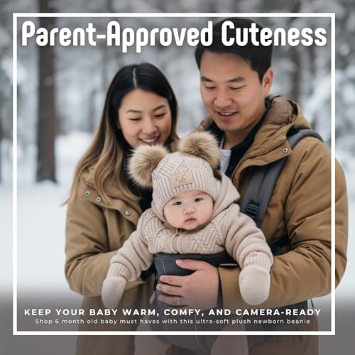 Funky Junque Baby Double Faux Fur Pom Pom Beanie & Mittens Set – Newborn Infant 0–9 Months Winter Hat with Soft Lined Mittens - color: Diagonal Basketweave: Beige (0-9 Months)