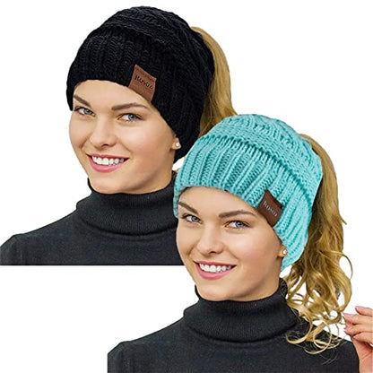 Rosoz 2 Pack Ponytail Beanie for Women,Winter Warm Beanie Tail Soft Stretch Cable Knit Messy High Bun Hat - color: 2pack-black/Lake Blue