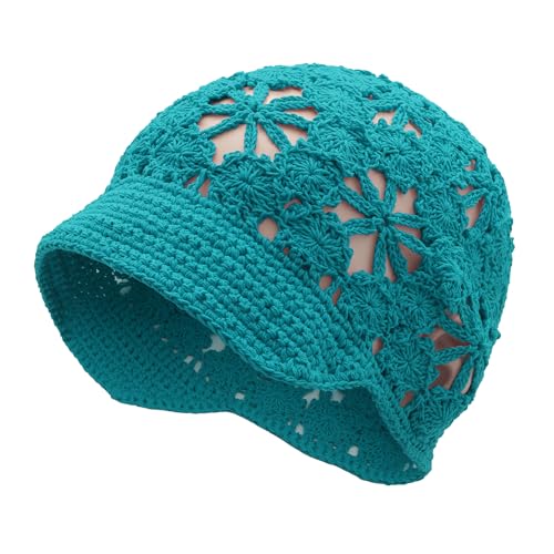 ZLYC Women Summer Slouchy Crochet Hat Handmade Cutout Skull Cap with Visor - color: Plain Peacock Blue, size: One Size
