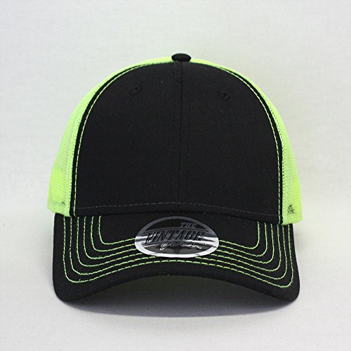 The Vintage Year Plain Cotton Structured Mesh Adjustable Trucker Sports Baseball Cap - color: Black/Black/Neon Yellow