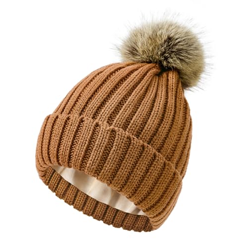 Satin Lined Beanie for Women Knit Winter Hats Silk Lined Womens Beanie with Detachable Pom Pom - color: Burnt Orange
