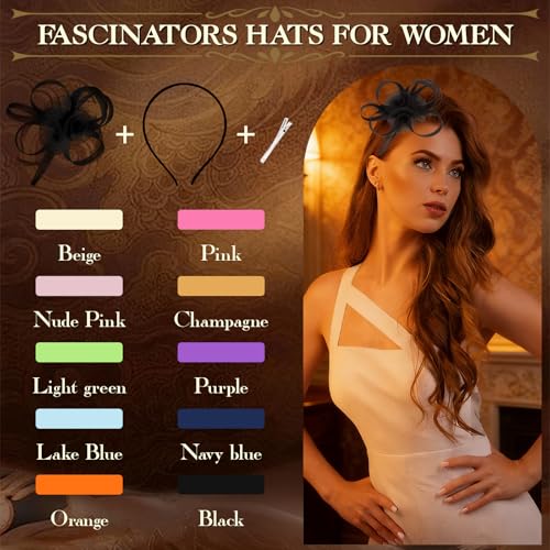 AMCAMI Fascinators Hats with Feather for Women 2026 Derby Hats Small Tea Party Hat with Headband - color: Black