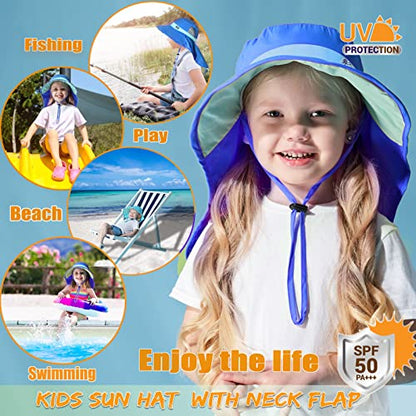 Kids Sun Hats UPF 50+ Sun Protection Hat for Kids with Neck Flap Adjustable Large Brim Beach Fishing Hat for Age 3-12 - color: Blue