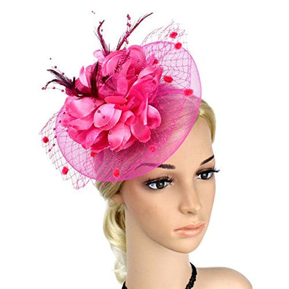 ACTLATI Fascinators Hat for Women Tea Party Headpiece Wedding Cocktail Flower Mesh Feathers Hair Clip 20s Flapper Fascinators - color: A10-rose Red