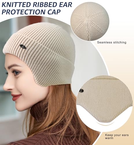 HiRui Knit Beanie Hats Winter Hats Ear Covers for Men Women-Warm Daily Headwear - color: Beige