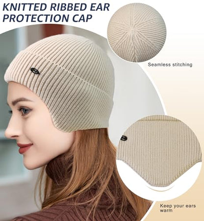 HiRui Knit Beanie Hats Winter Hats Ear Covers for Men Women-Warm Daily Headwear - color: Beige