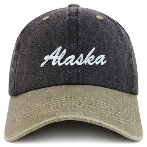 Trendy Apparel Shop Alaska State Embroidered Low Profile Adjustable Cotton Cap - color: Black Khaki