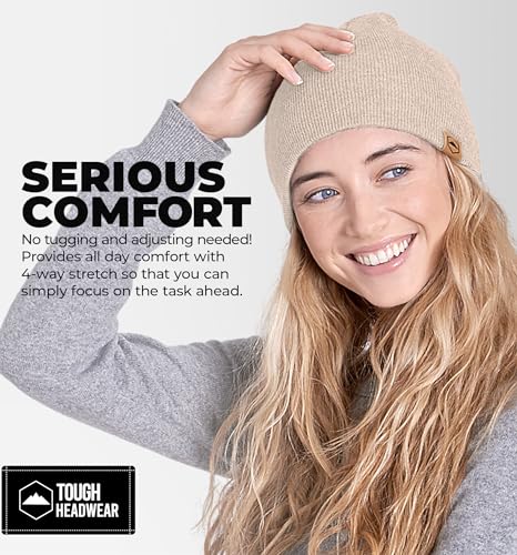 Tough Headwear Knit Beanie Hat - Stretch Fit Winter Hats for Men - Breathable Beanie for Women - Durable Acrylic Winter Cap - color: Beige