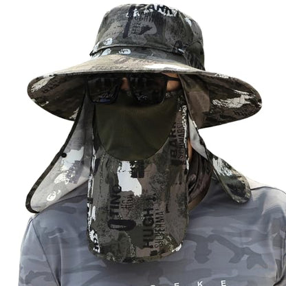 Men Women Safari Bucket Fishing Sun Hats Face Cover Neck Flap - color: Armygreen Graffiti
