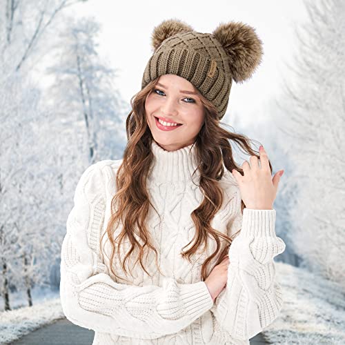 Arctic Paw Womens Winter Hat Cable Knit Beanie for Women Faux Fur Pompom Ears - color: Khaki Hat Coffee Ball