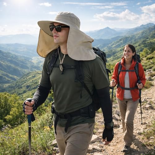 HUAMULAN Women Wide Brim Summer Sun Hat Ponytail Hole with Neck Flap - color: Beige