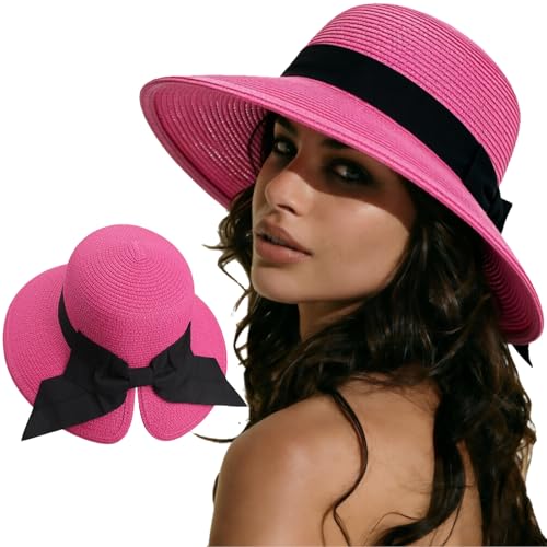 DRESHOW Sun Hats for Women Travel Fedora Foldable Beach Sun Hat Summer Wide Brim Straw Bucket Hat with Bowknot UPF 50+ - color: 1 Pack With Bowknot: Fuchsia With Black Band