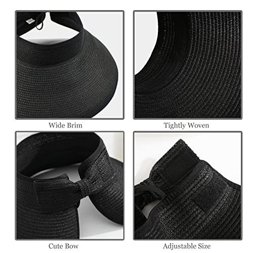 DOOVID Womens Summer Straw Hats Wide Brim Sun Hat UV Protection Visor Foldable Beach Hat for Women - color: Black