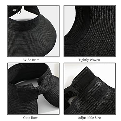 DOOVID Womens Summer Straw Hats Wide Brim Sun Hat UV Protection Visor Foldable Beach Hat for Women - color: Black