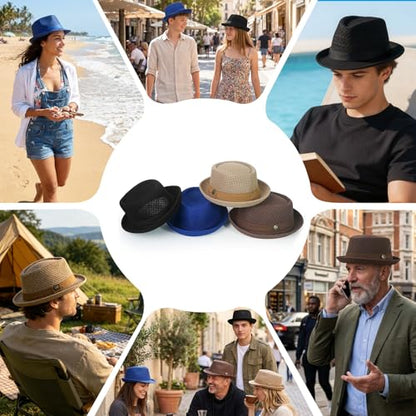 Luwint Cute Fedora Hat - Lightweight Breathable Mesh Crushable Roll Up Short Brim Bowler Derby Cap - color: Black & Blue & Khaki & Brown